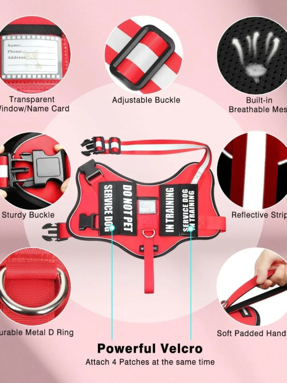 Adjustable Reflective Service Dog Vest Harness & Leash Set + 10 Patches, XS